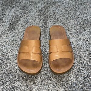 Tan Mules and Clogs with Slip-On Design and Wide Straps